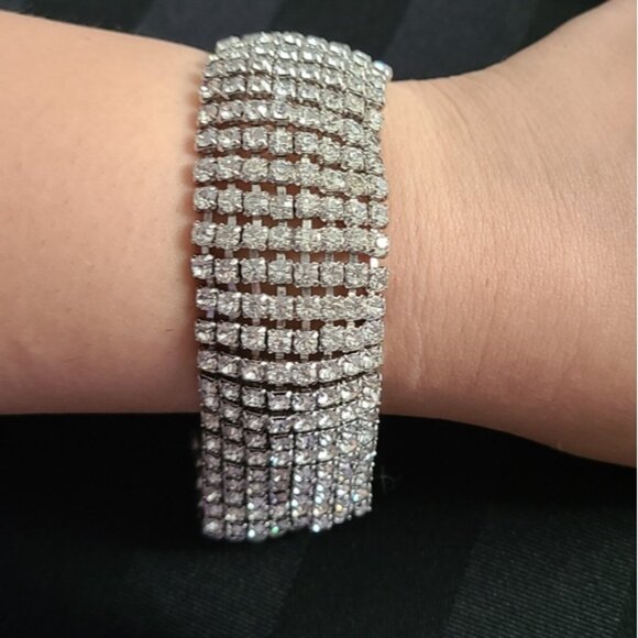 Vintage Rhinestone Kramer of New York Cuff 9 Row Crystal Evening Luxury Bracelet - Picture 11 of 14